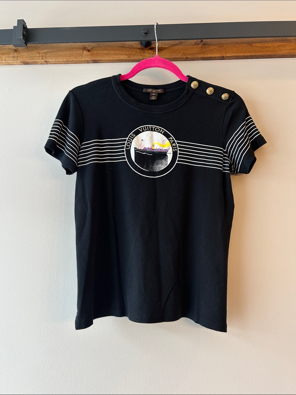 Louis Vuitton Black Tee with White Stripes and Gold Buttons